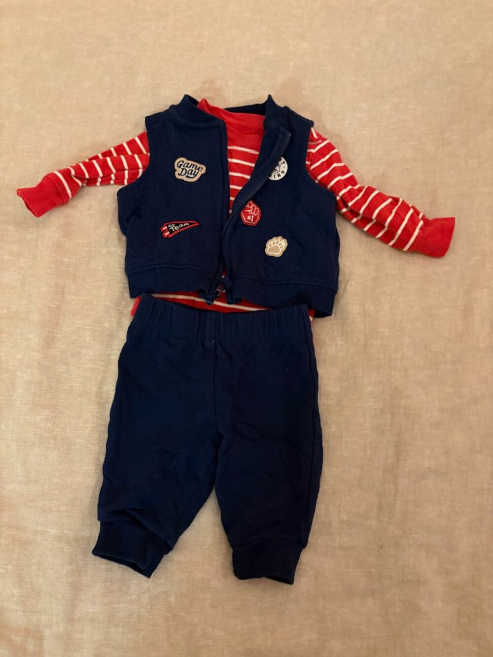 Carter’s Baby Boy 3pc Sport Set Navy Vest Red White Stripe Onesie Navy Pants 3M